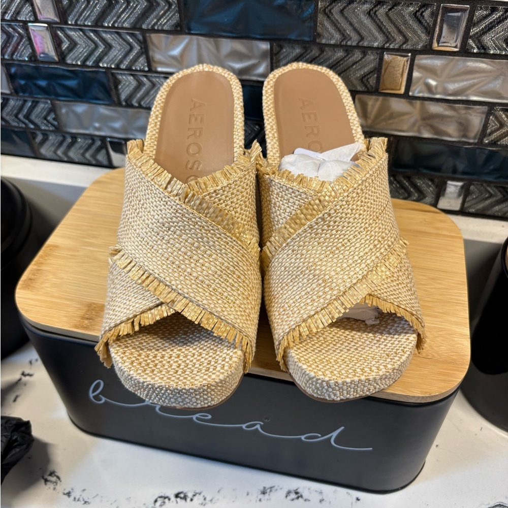 AEROSOLES Natural Woven Crisscross Slide Mules
